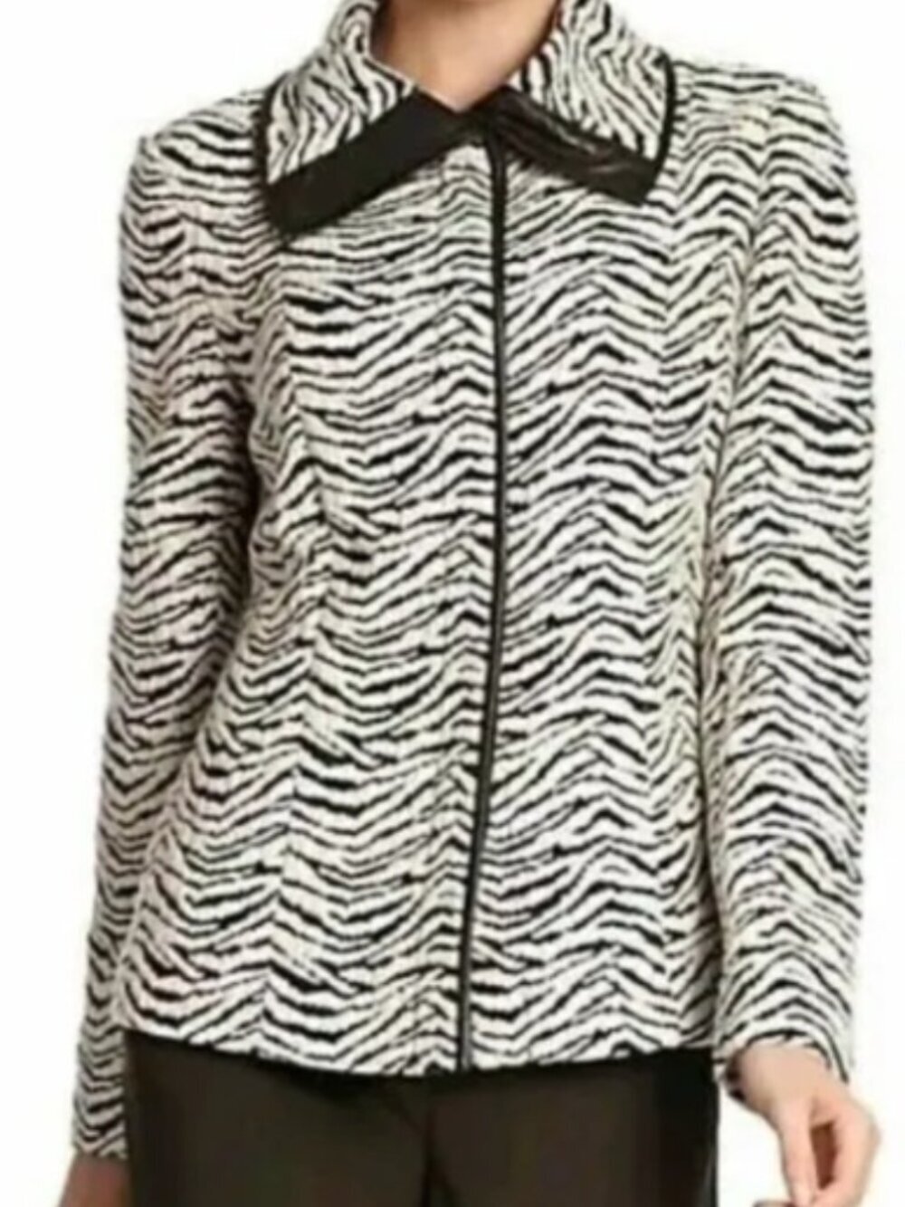 Lafayette 148 Zebra Print Blazer Jacket Button-Down Wool Blend Leather Size 8